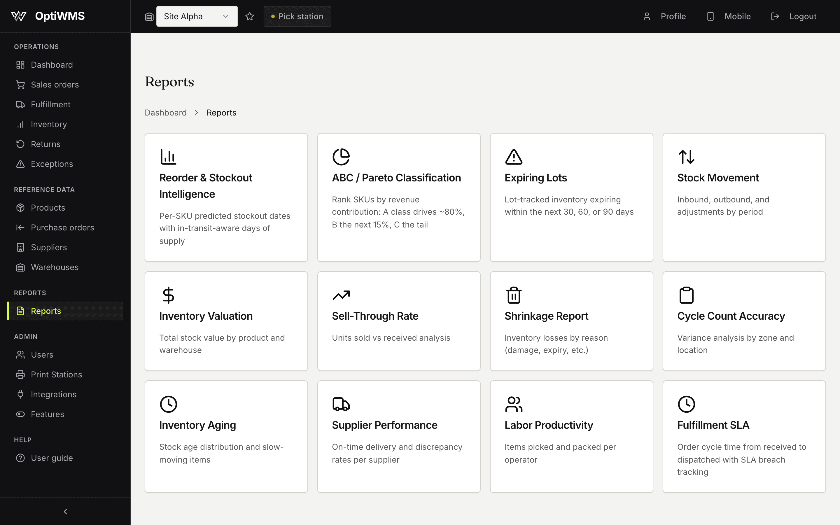 The OptiWMS reports hub listing cycle count accuracy, shrinkage and inventory ageing.