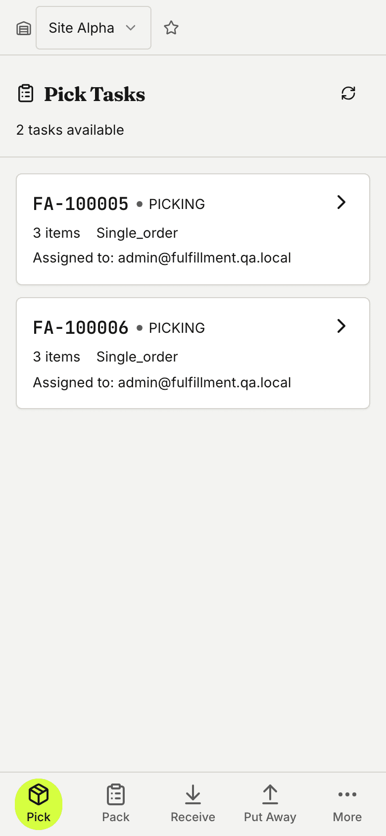 The OptiWMS mobile pick screen listing available pick tasks with item counts.