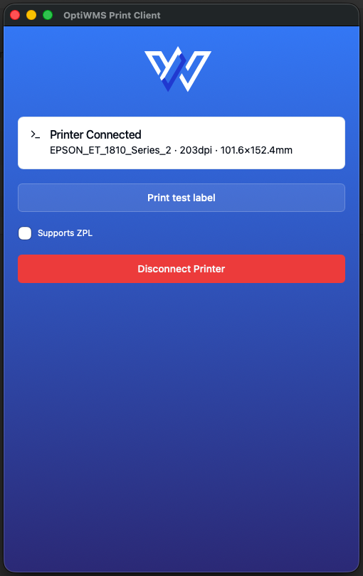 OptiWMS Print Client desktop app: a connected thermal printer, a print-test-label button, and ZPL support