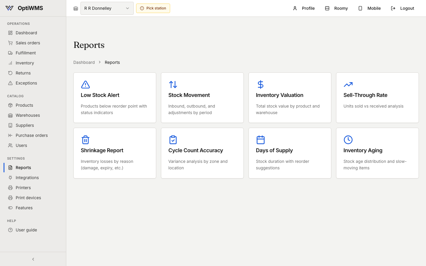 OptiWMS reports: Low Stock, Stock Movement, Inventory Valuation, Sell-Through, Shrinkage, Cycle Count Accuracy, Days of Supply, and Inventory Aging